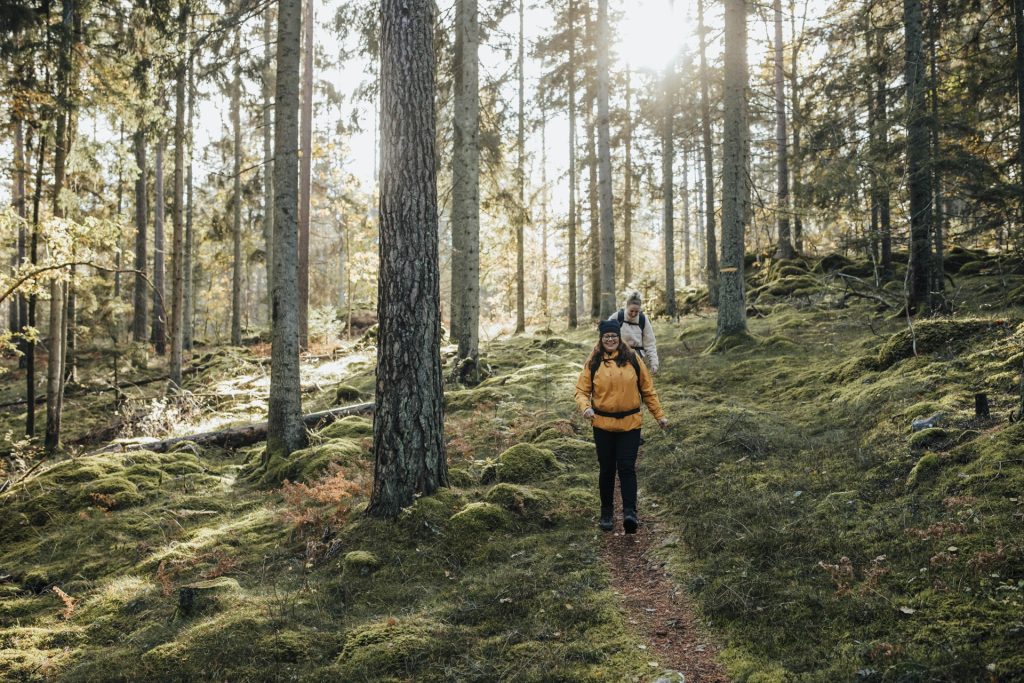 Två personer som vandrar på Ostkustleden på hösten.