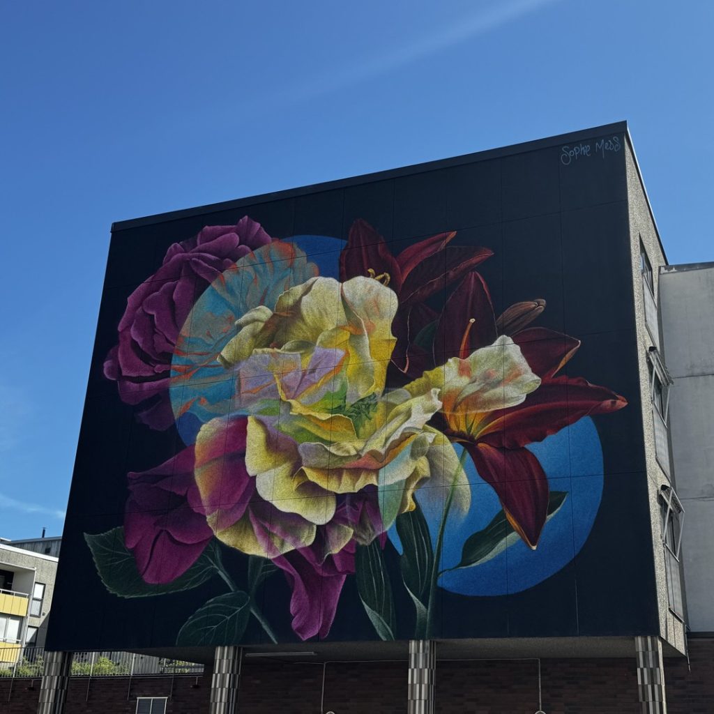 Väggmålning i centrala Oskarshamn föreställande flera färgglada rosor framför silhuetterna va två planeter.