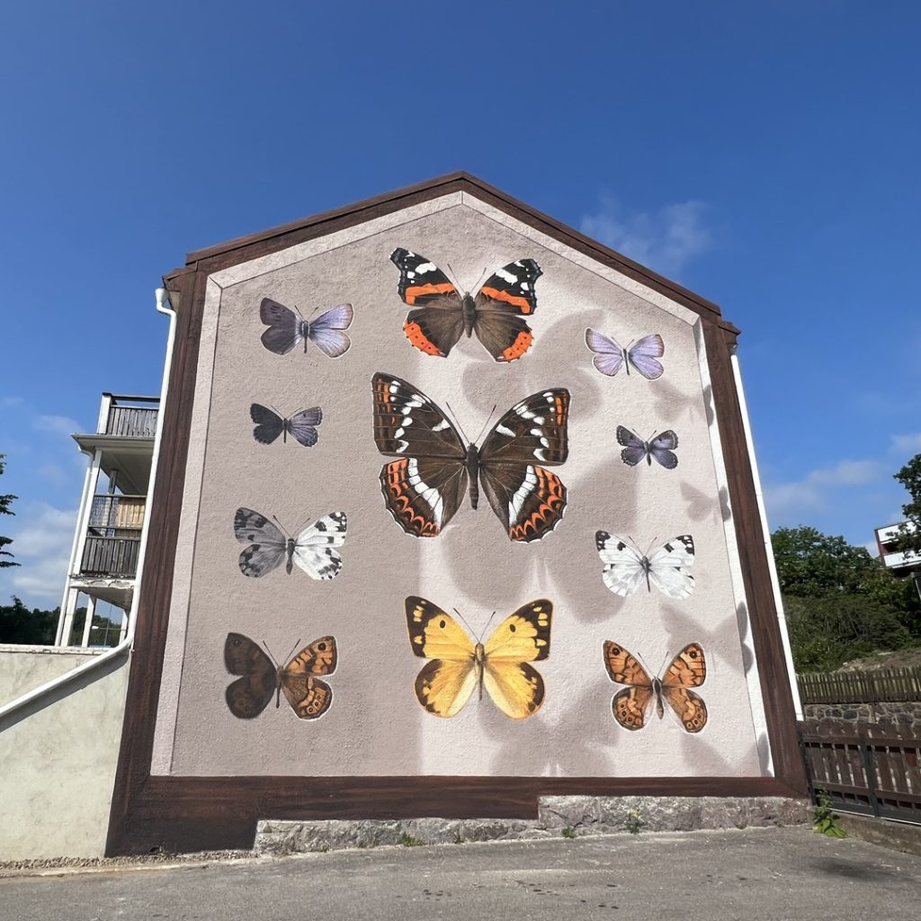 Väggmålning i Oskarshamn föreställande en samling olikmönstrade fjärilar.